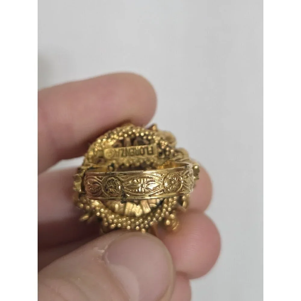 Vtg Florenza Ornate Gold Tone Rhinestone Faux Pearl Cocktail Ring Filigree